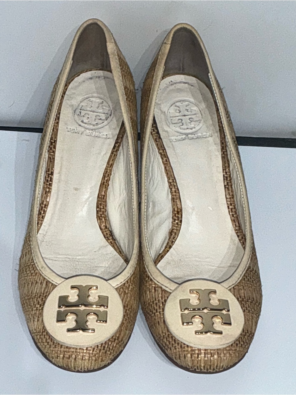 Tory Burch Beige Raffia Wedge Logo Ballet Flats 8 Chic Boho
